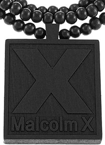 Malcolm X Pendant Necklace All Wood with 36 Inch Long Beaded Chain