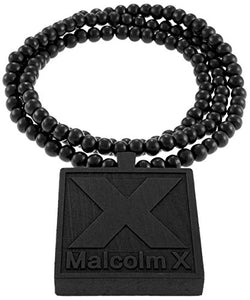 Malcolm X Pendant Necklace All Wood with 36 Inch Long Beaded Chain